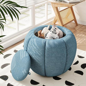 Round Storage Ottoman with Removable Lid – Upholstered Vanity Stool