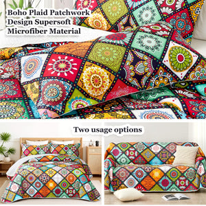 Boho Patchwork Quilt Set – Lightweight Microfiber Bedspread Coverlet