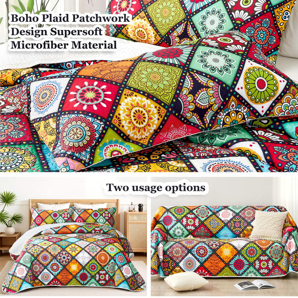 Boho Patchwork Quilt Set – Lightweight Microfiber Bedspread Coverlet