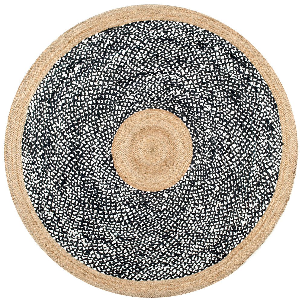 6' Round Black Geometric Cotton Jute Area Rug