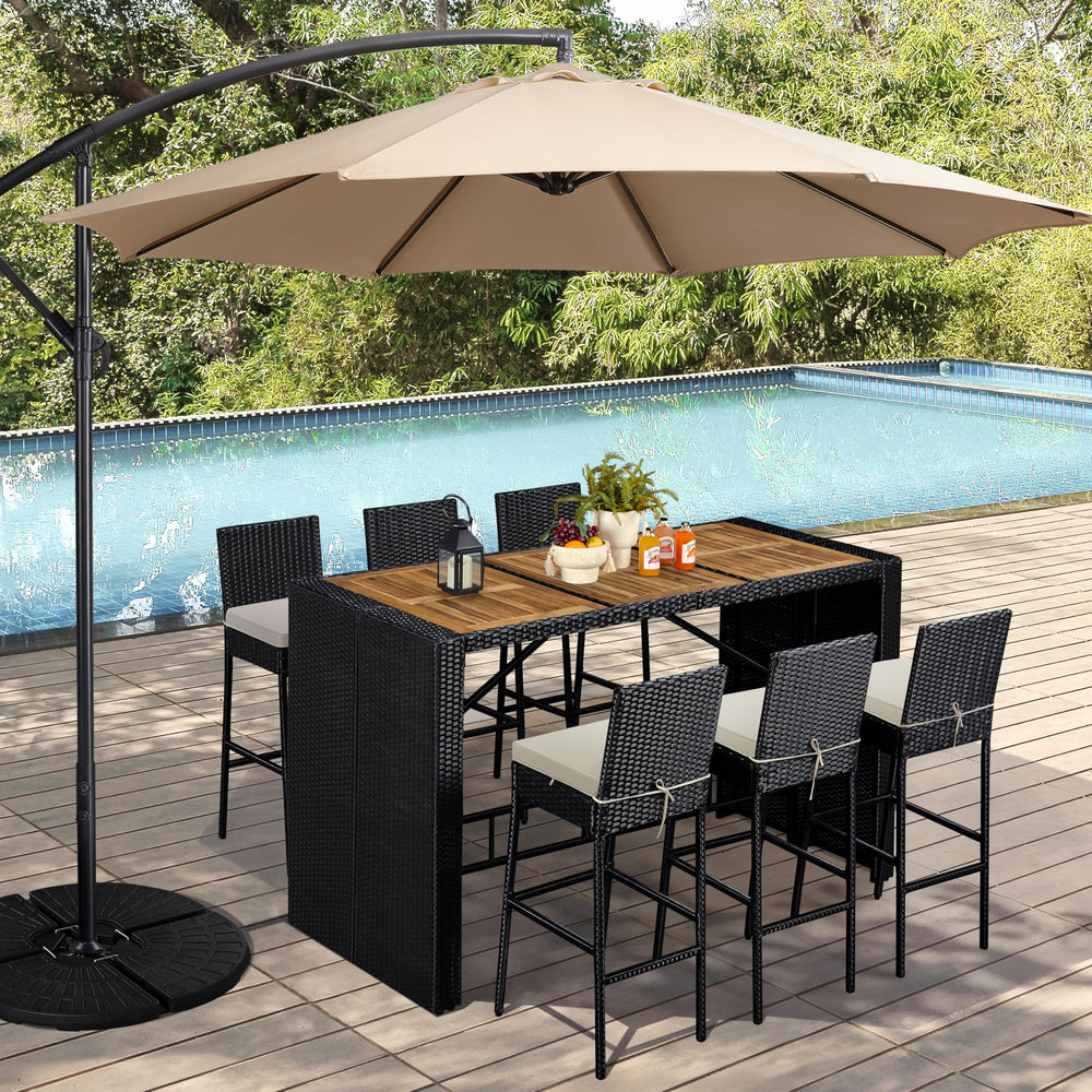 7-Piece Outdoor Wicker Bar Set with Acacia Wood Table