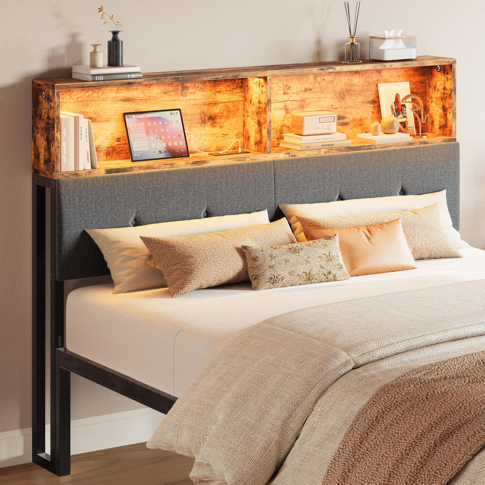 Queen Upholstered Headboard with Storage, LED Light & Charging Station