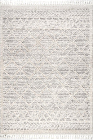 Moroccan Lattice Tassel Area Rug 8x11 | High-Pile Plush Shag | Light Grey