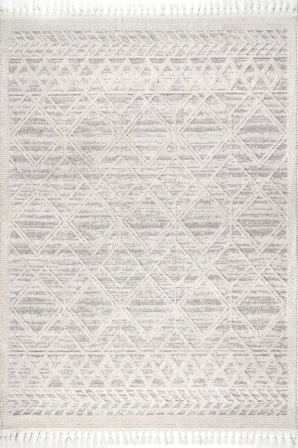 Moroccan Lattice Tassel Area Rug 8x11 | High-Pile Plush Shag | Light Grey
