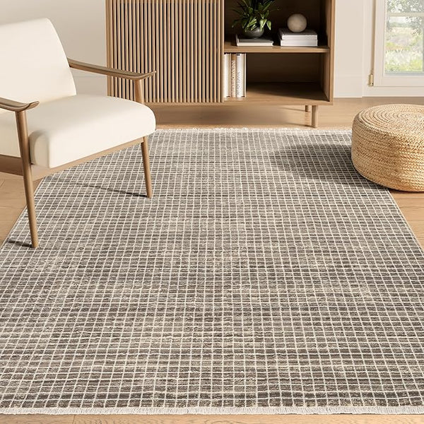 Brown Micro Grid Area Rug – Geometric, Non-Shedding, Pet-Friendly