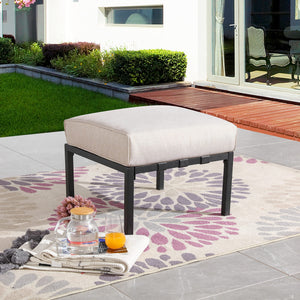 Outdoor Patio Ottoman with Cushion — Square Metal Footstool, Beige