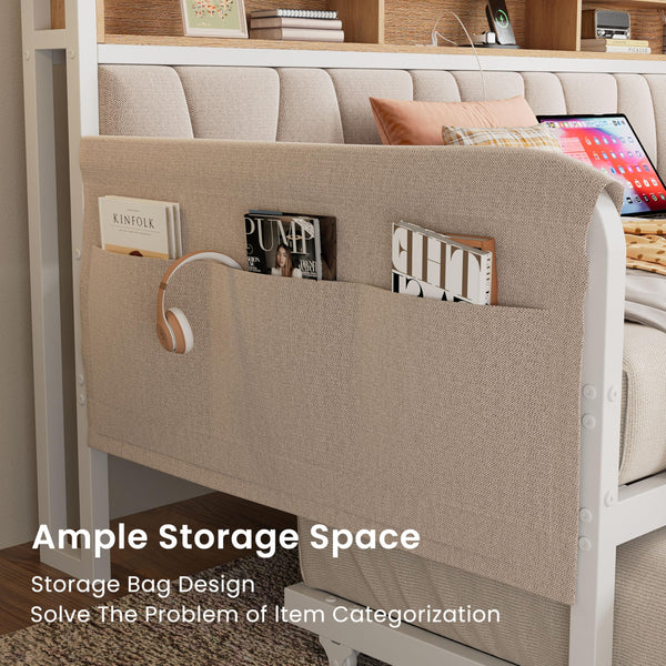 Twin Daybed with Trundle, Upholstered Storage Headboard & Charging Station