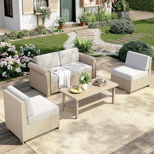 Modular Outdoor Wicker Sectional Sofa Set with Cushions & Coffee Table