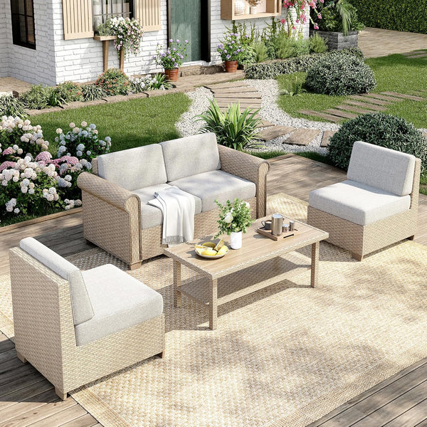 Modular Outdoor Wicker Sectional Sofa Set with Cushions & Coffee Table