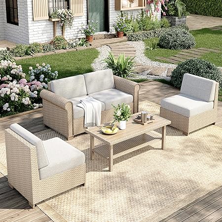 Modular Outdoor Sectional Sofa Set with Cushions and Coffee Table
