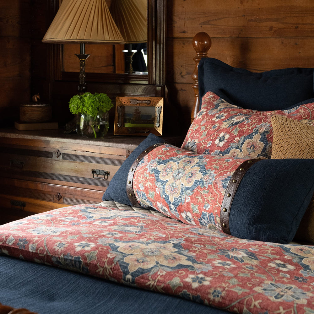 Floral Lumbar Throw Pillow – 14x36 Inch, Navy & Red