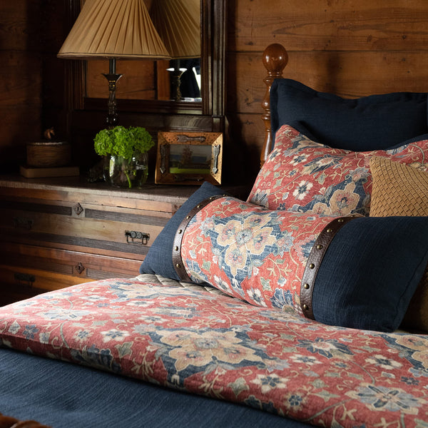 Floral Lumbar Throw Pillow – 14x36 Inch, Navy & Red
