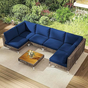 7-Piece Wicker Outdoor Sectional Patio Set with Cushions & Acacia Wood Table