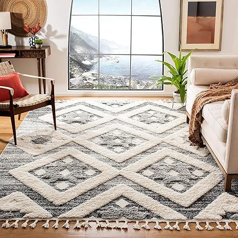 8x10 Moroccan Tassel Shag Area Rug – Boho Diamond Design, Plush Pile, Non-Shedding