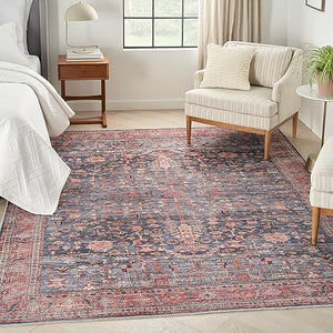 Machine Washable Persian Area Rug – Navy & Brick