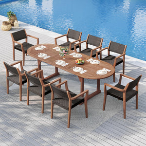 9-Piece Expandable Acacia Wood Patio Dining Set with Rattan Chairs