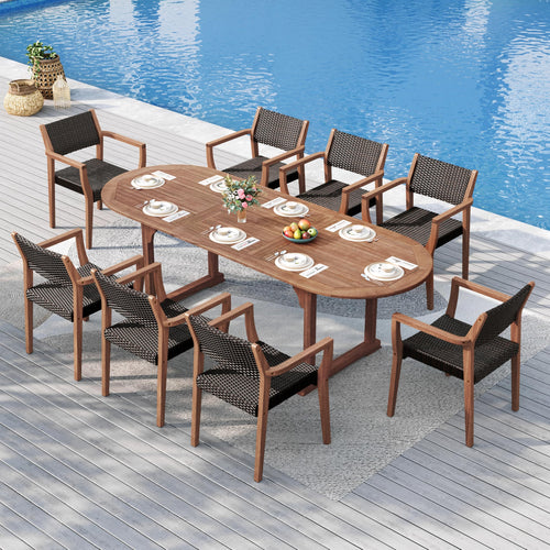 9-Piece Expandable Acacia Wood Patio Dining Set with Rattan Chairs
