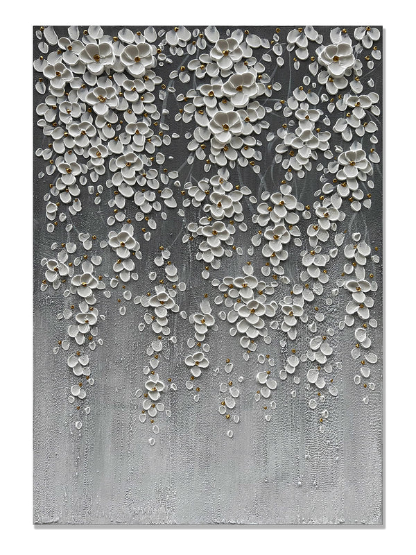 3D Hand-Painted White Floral Canvas Wall Art – Framed, 28x40 Inch