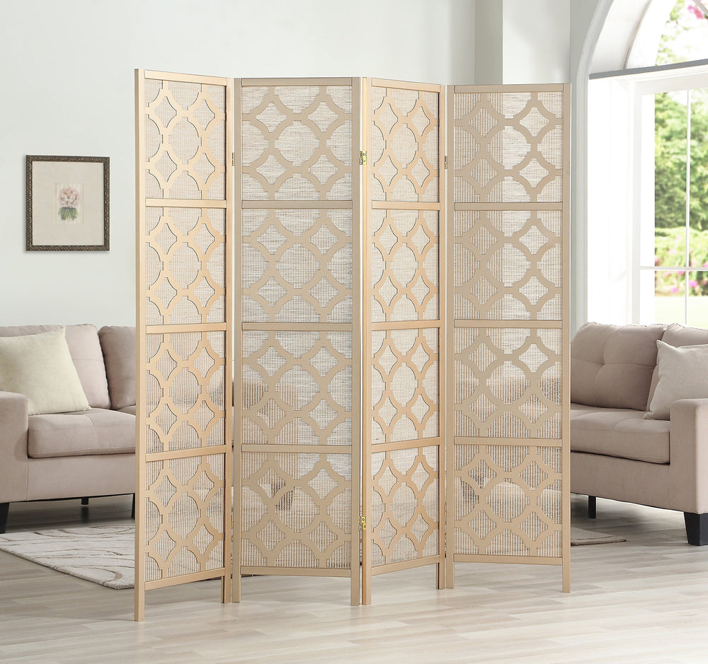 4-Panel Room Divider with Quarterfoil Mesh Design
