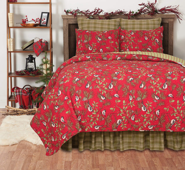 Christmas Chickadee & Pinecone Cotton Quilt Set