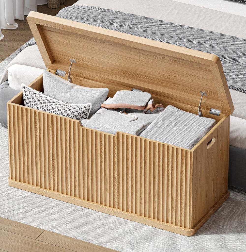 Fluted Storage Chest Bench with Safety Hinges – Natural Oak