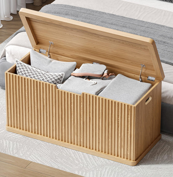 Fluted Storage Chest Bench with Safety Hinges – Natural Oak