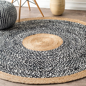 6' Round Black Geometric Cotton Jute Area Rug