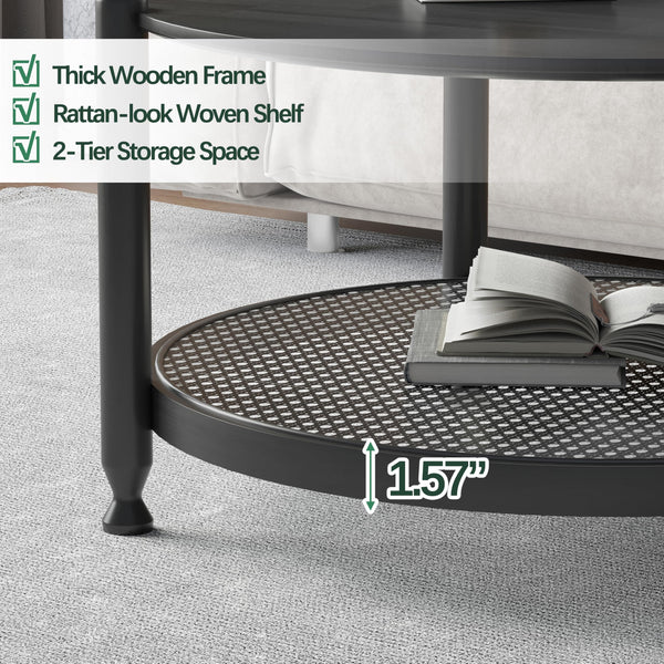 Round Coffee Table with Rattan Storage Shelf