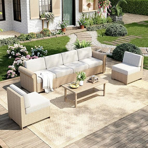 Modular Outdoor Wicker Sectional Sofa Set with Cushions & Coffee Table
