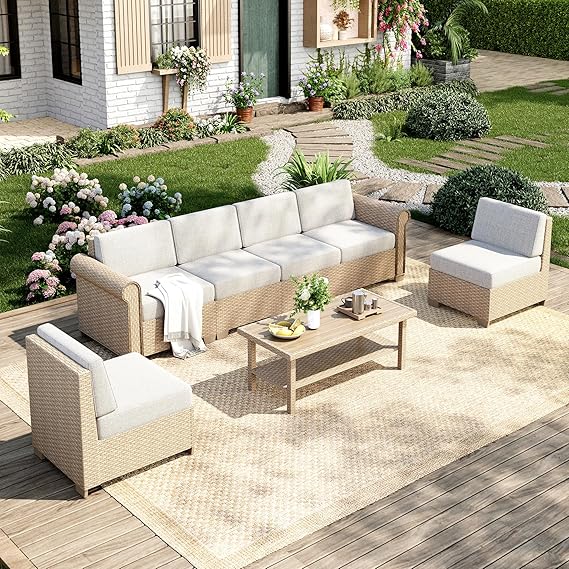Modular Outdoor Wicker Sectional Sofa Set with Cushions & Coffee Table