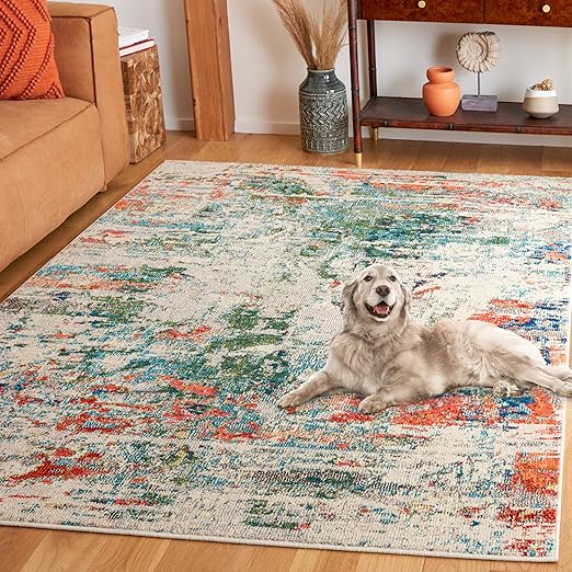 12' x 15' Abstract Area Rug – Cream & Orange / Green & Rust, Non-Shedding, Machine Woven