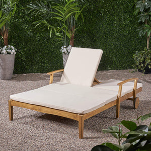Outdoor Double Chaise Lounge – Acacia Wood Frame with Cream Cushions