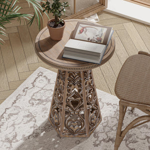 Round Carved Floral End Table – Rustic Farmhouse Accent Table