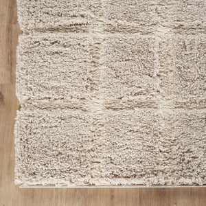 Cream Checkered Shag Area Rug – Polypropylene, High Pile, Multiple Sizes