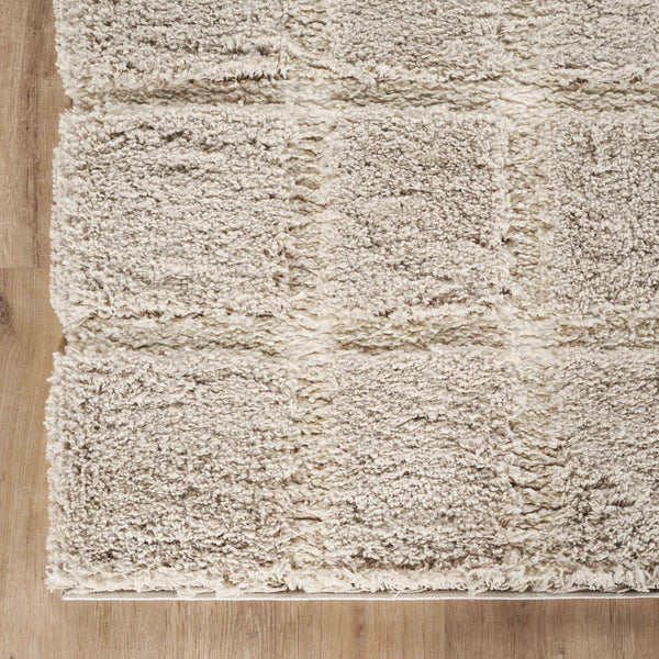 Cream Checkered Shag Area Rug – Polypropylene, High Pile, Multiple Sizes