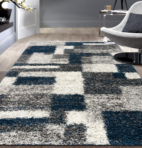 Navy Geometric Shag Area Rug — Plush Polypropylene, Non-Shedding, Multiple Sizes