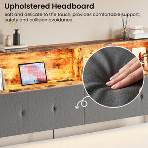 Queen Upholstered Headboard with Storage, LED Light & Charging Station