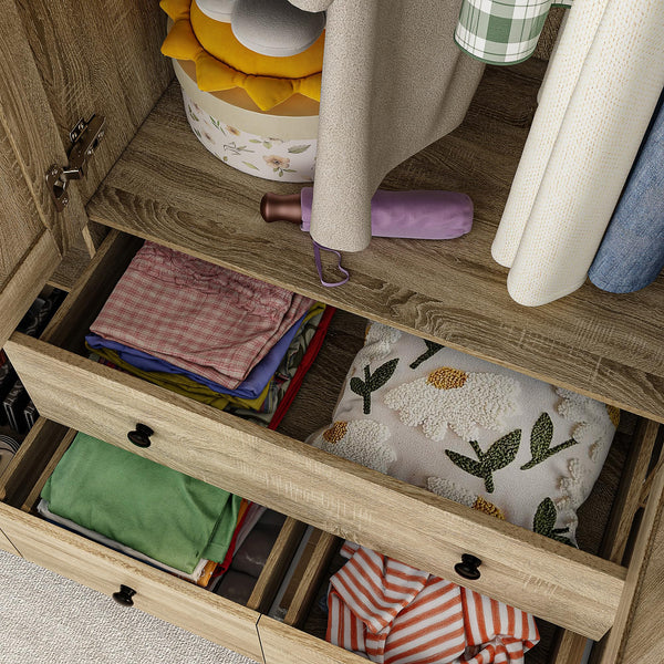 4-Door Rattan Wardrobe Armoire with Drawers