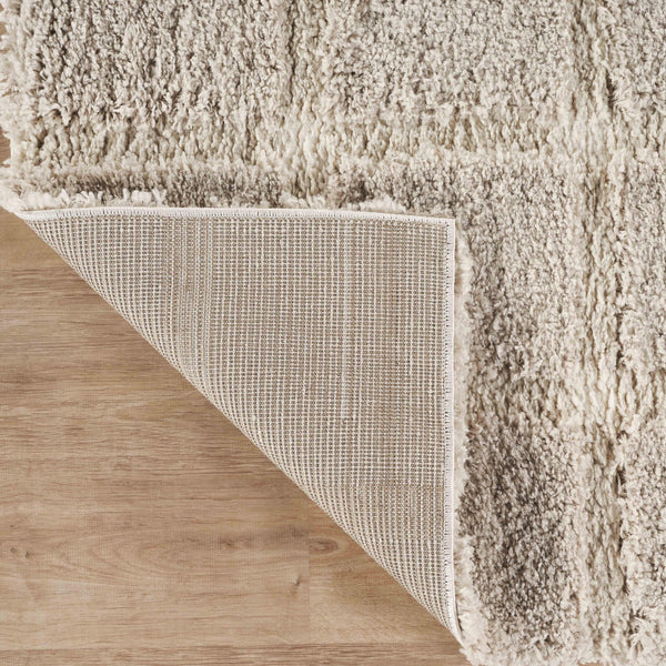Cream Checkered Shag Area Rug – Polypropylene, High Pile, Multiple Sizes