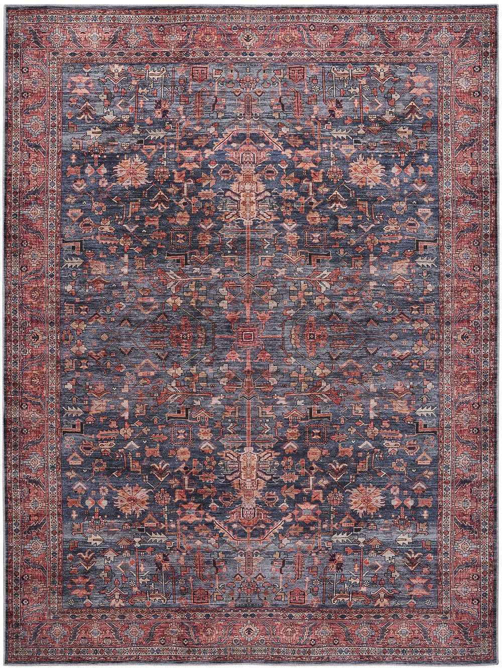 Machine Washable Persian Area Rug – Navy & Brick