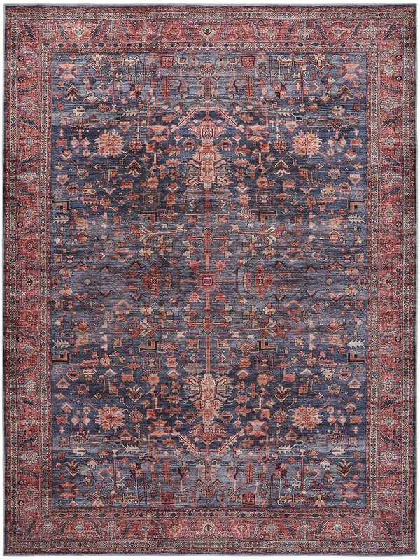 Machine Washable Persian Area Rug – Navy & Brick