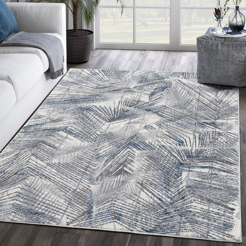 Palm Leaves Blue Grey Area Rug