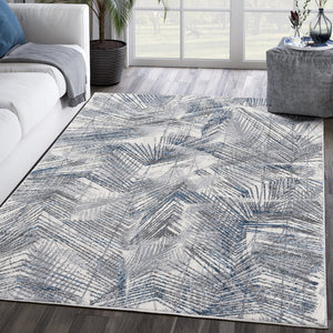 Palm Leaves Blue Grey Area Rug