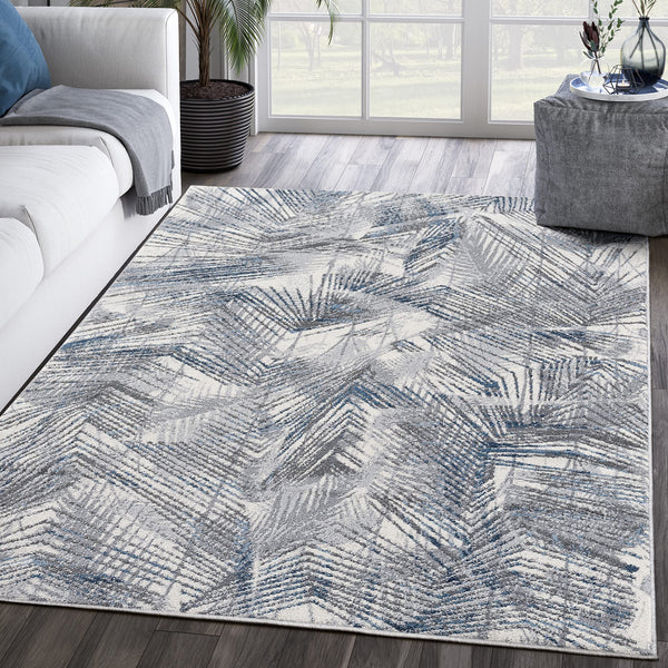 Palm Leaves Blue Grey Area Rug