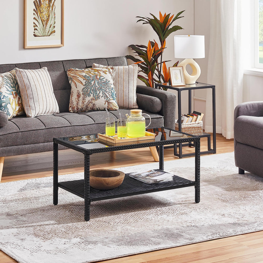 Rattan Wicker Coffee Table with Tempered Glass Top