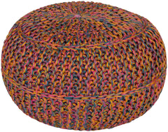 Round Jute Pouf Ottoman – Carnation, Gold & Teal
