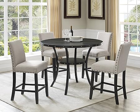 5-Piece Round Counter Height Dining Set with Fabric Nailhead Stools