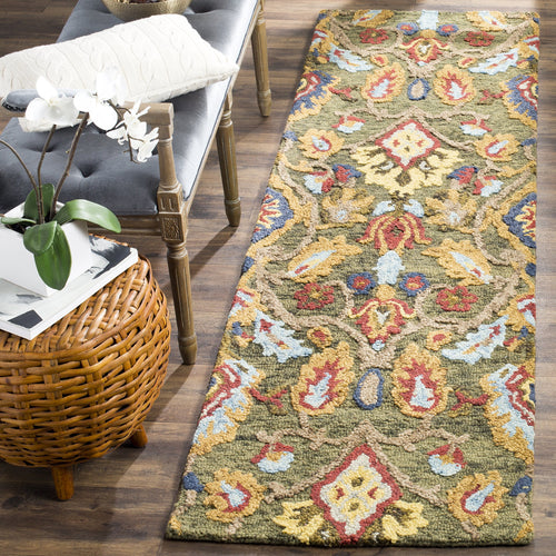 Handmade Wool Floral Runner Rug 2'3" x 8' – Green & Multi