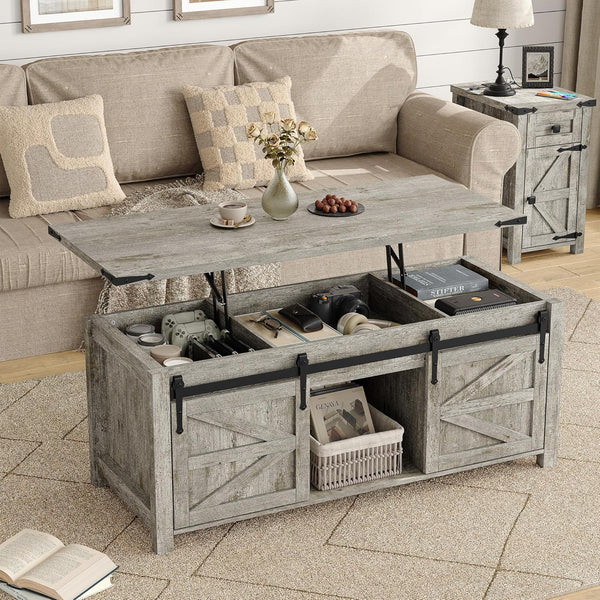 Lift Top Coffee Table with Storage & Sliding Barn Doors, Farmhouse