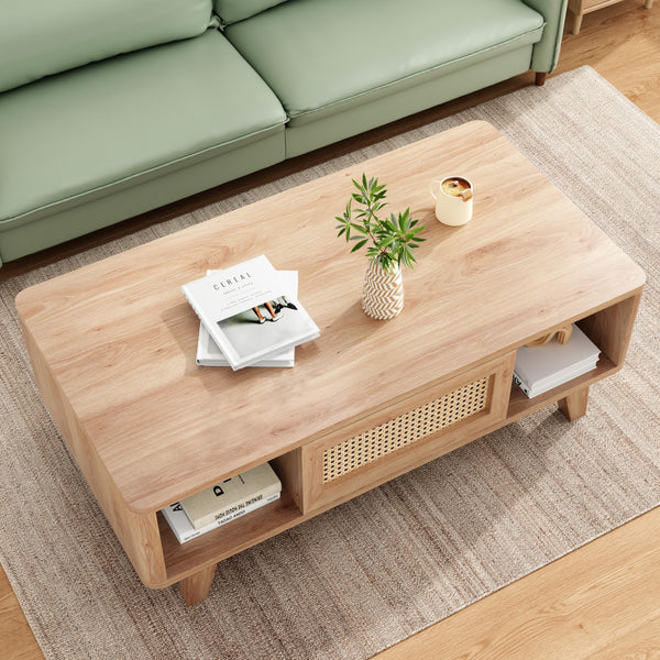Mid-Century Coffee Table with Rattan Drawer